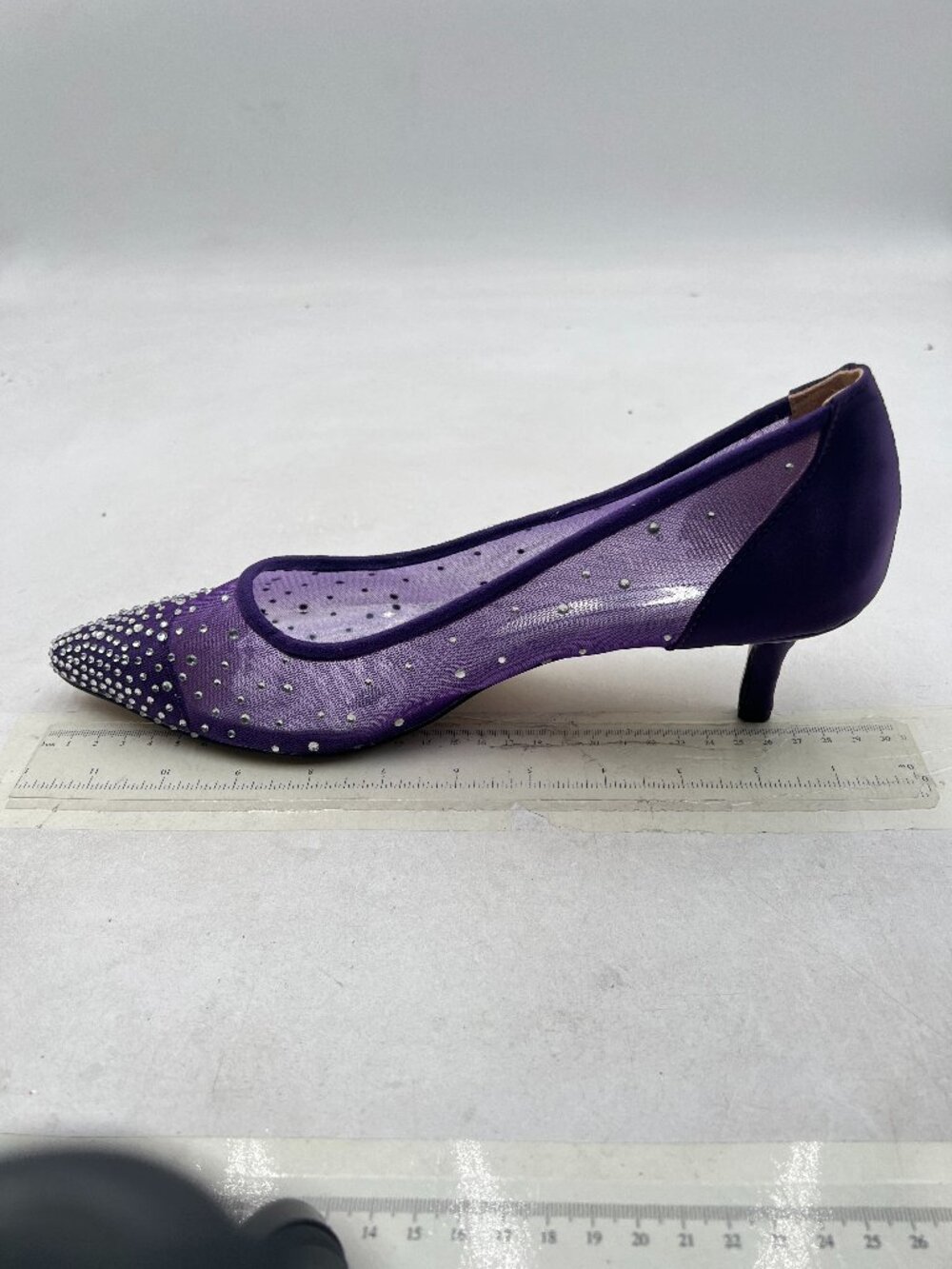 XYD Purple Pointed Toe Slip On Graceful Mesh Pumps Rhinestone Kitten Heels Shoes